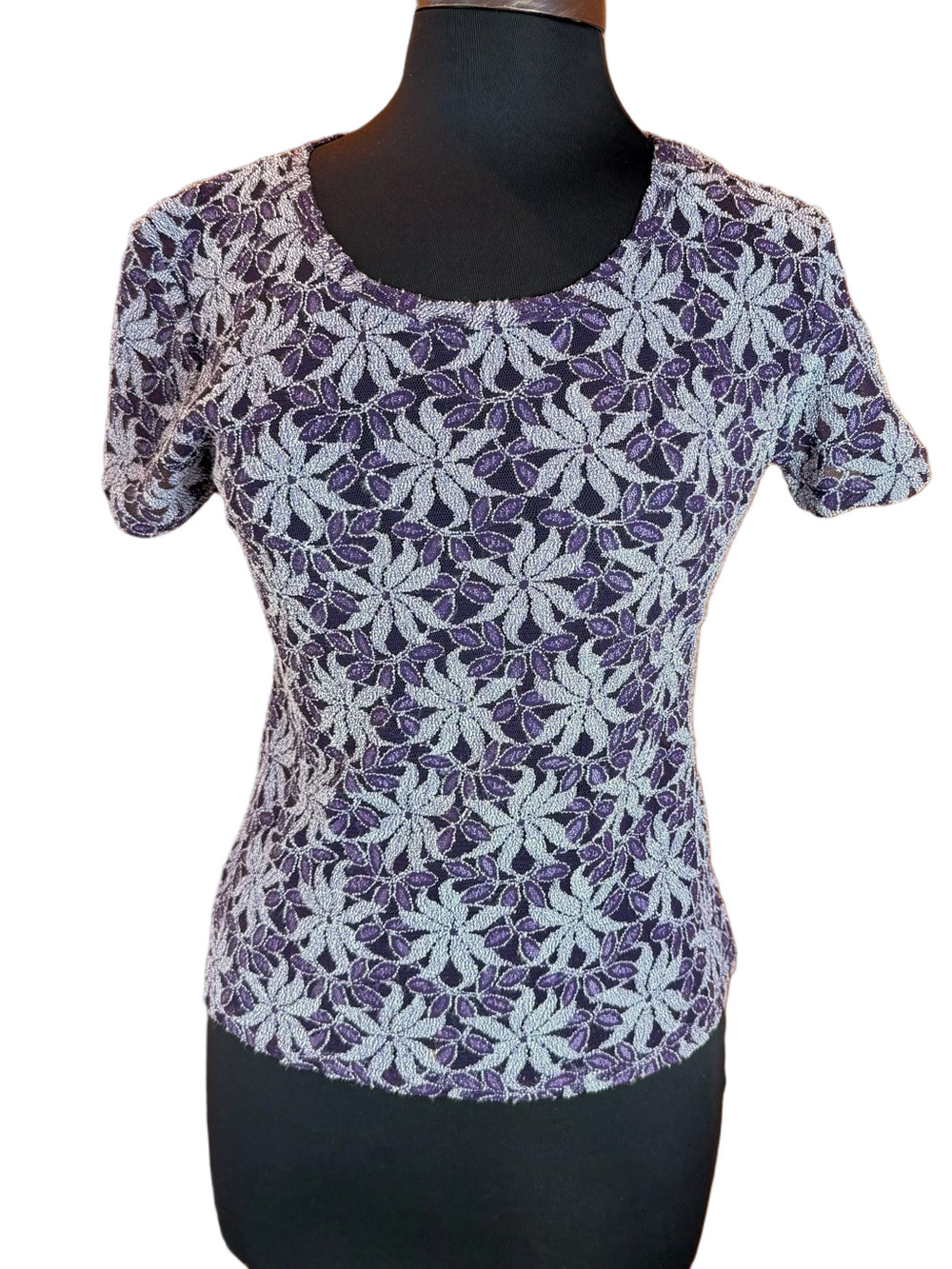 Women's Purple Floral Lace Short-Sleeve Tee USA size 10 UK 14
